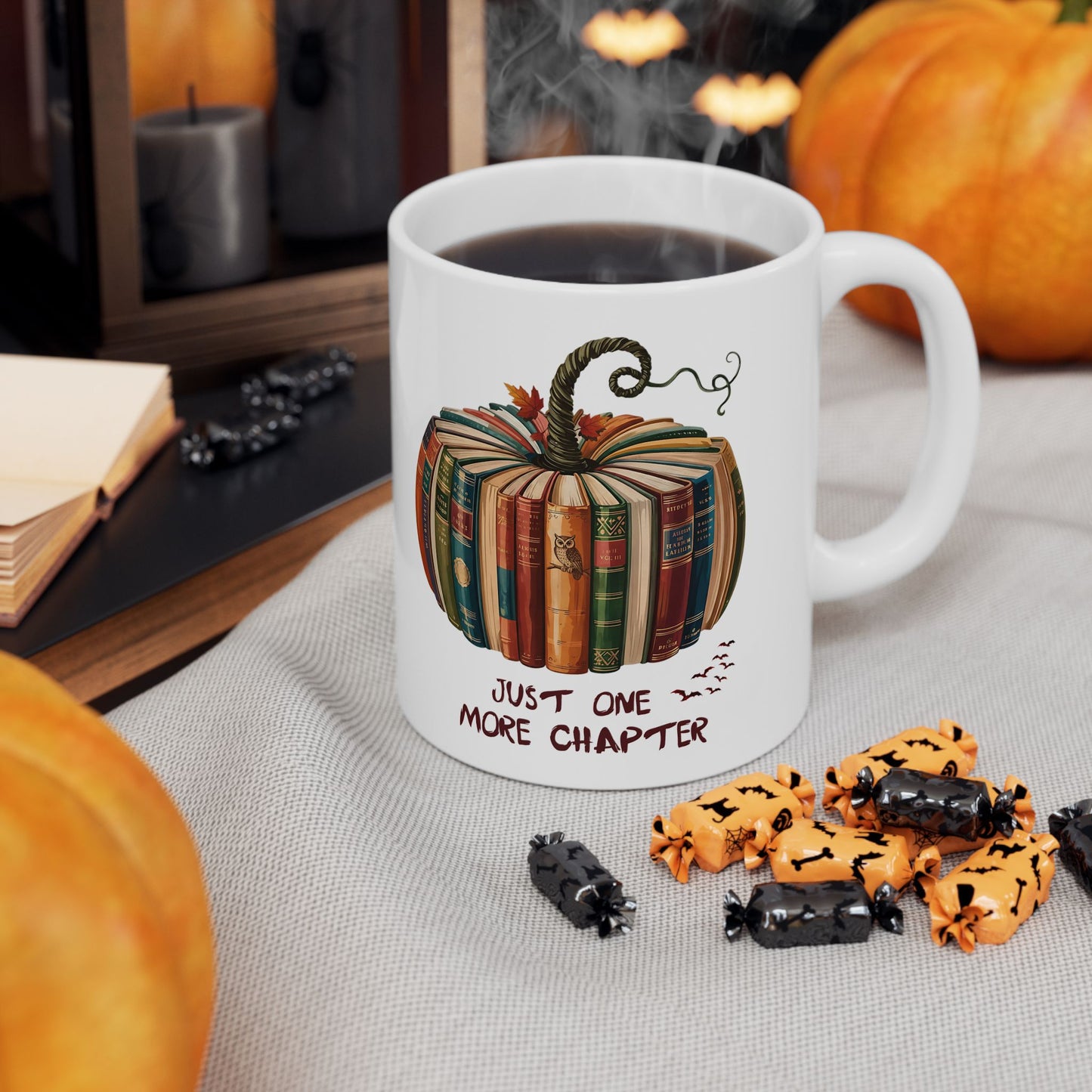 Just One More Chapter Mug – Halloween Book Lover Gift – Spooky Coffee & Tea Cup – Pumpkin Books Design – Literary Reading Mug