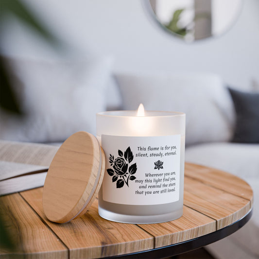 Memorial Candle with Black Rose – Frosted Glass, Poetic Quote & Wooden Wick.