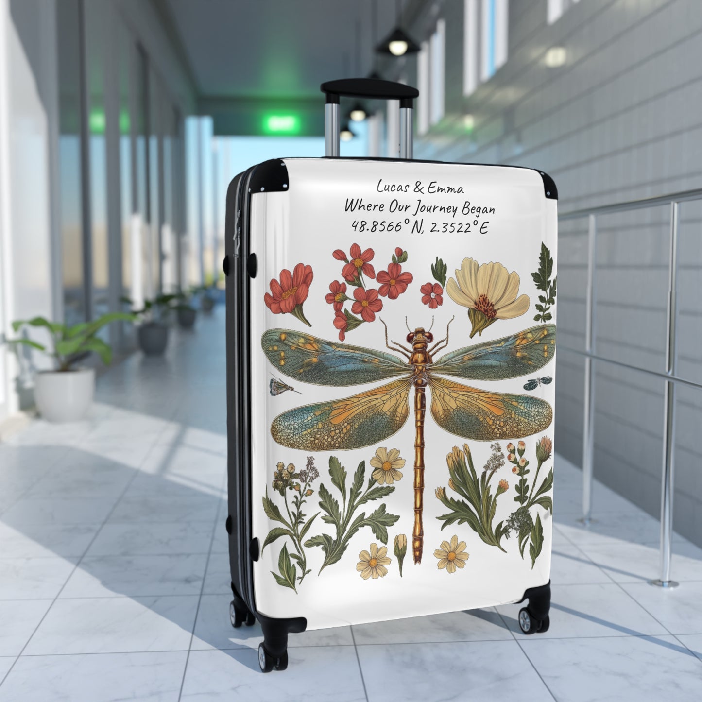 Personalised Dragonfly Suitcase Custom Botanical Luggage with Name Coordinates Travel Bag Gift for Couple Honeymoon Travel Suitcase