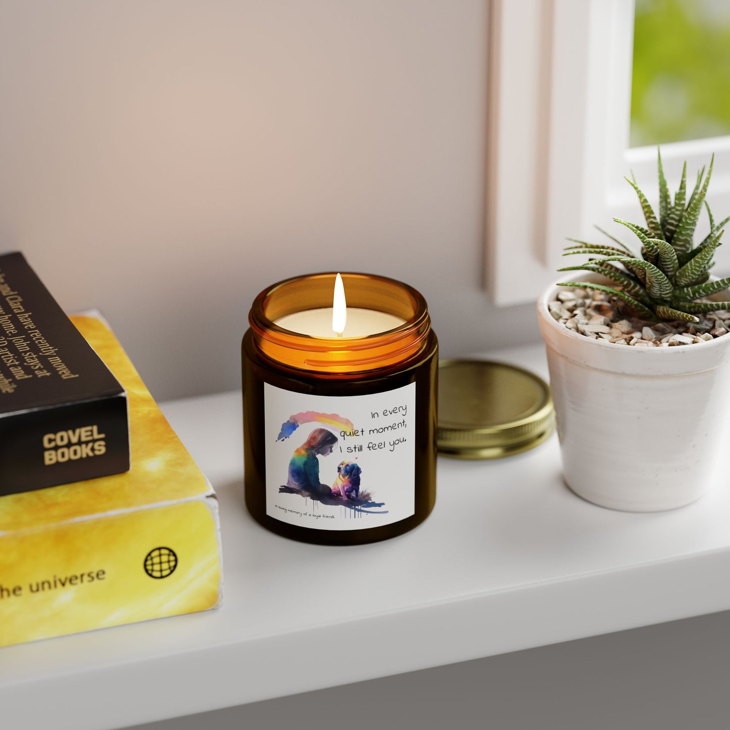 Pet Memorial Candle – “In Every Quiet Moment” Quote with Woman & Dog Illustration | Scented Tribute for a Loyal Friend