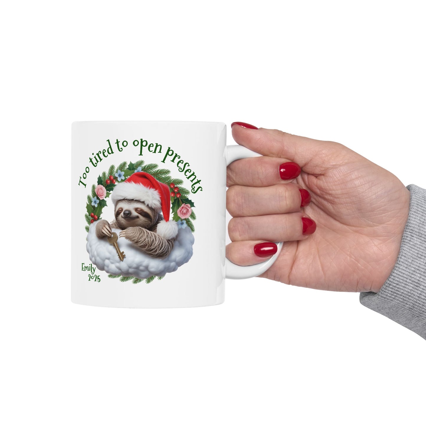 Personalized Christmas Sloth Mug – Custom Name, Quote & Year | Funny Holiday Coffee Cup, Cute Animal Gift, Cozy Winter Ceramic Tea Mug