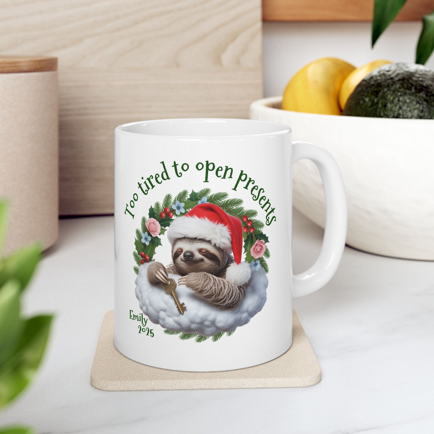 Personalized Christmas Sloth Mug – Custom Name, Quote & Year | Funny Holiday Coffee Cup, Cute Animal Gift, Cozy Winter Ceramic Tea Mug