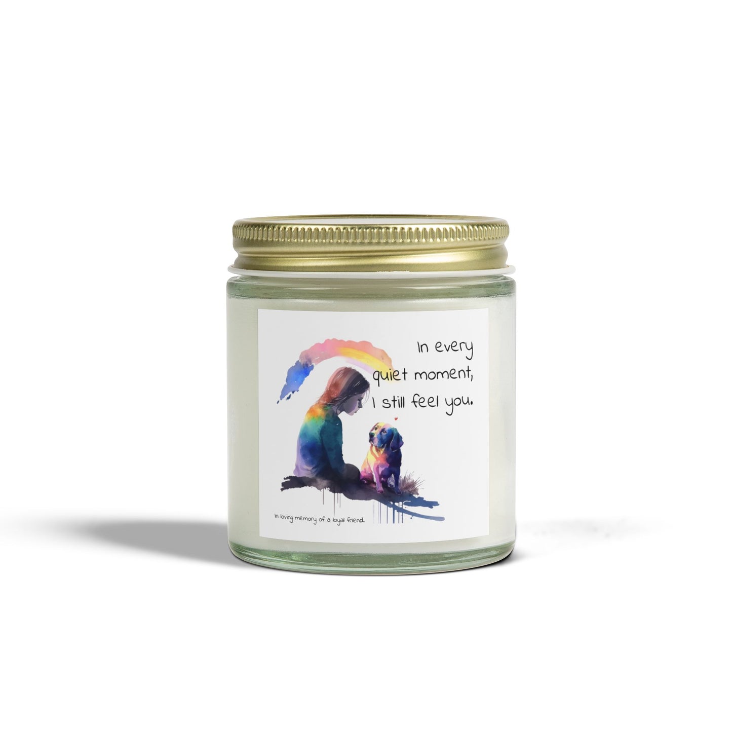 Pet Memorial Candle – “In Every Quiet Moment” Quote with Woman & Dog Illustration | Scented Tribute for a Loyal Friend