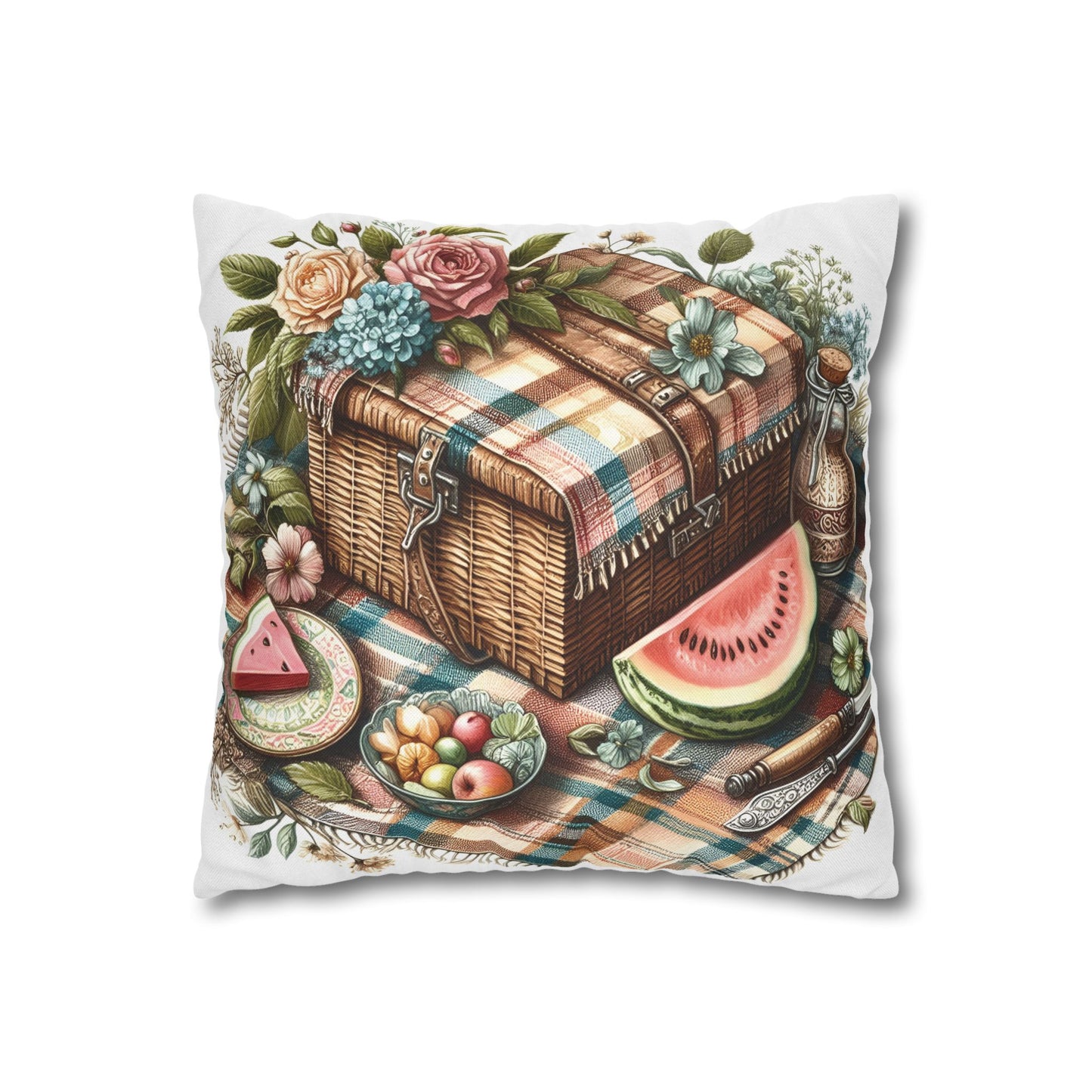Vintage Picnic Basket Throw Pillow - Floral Design
