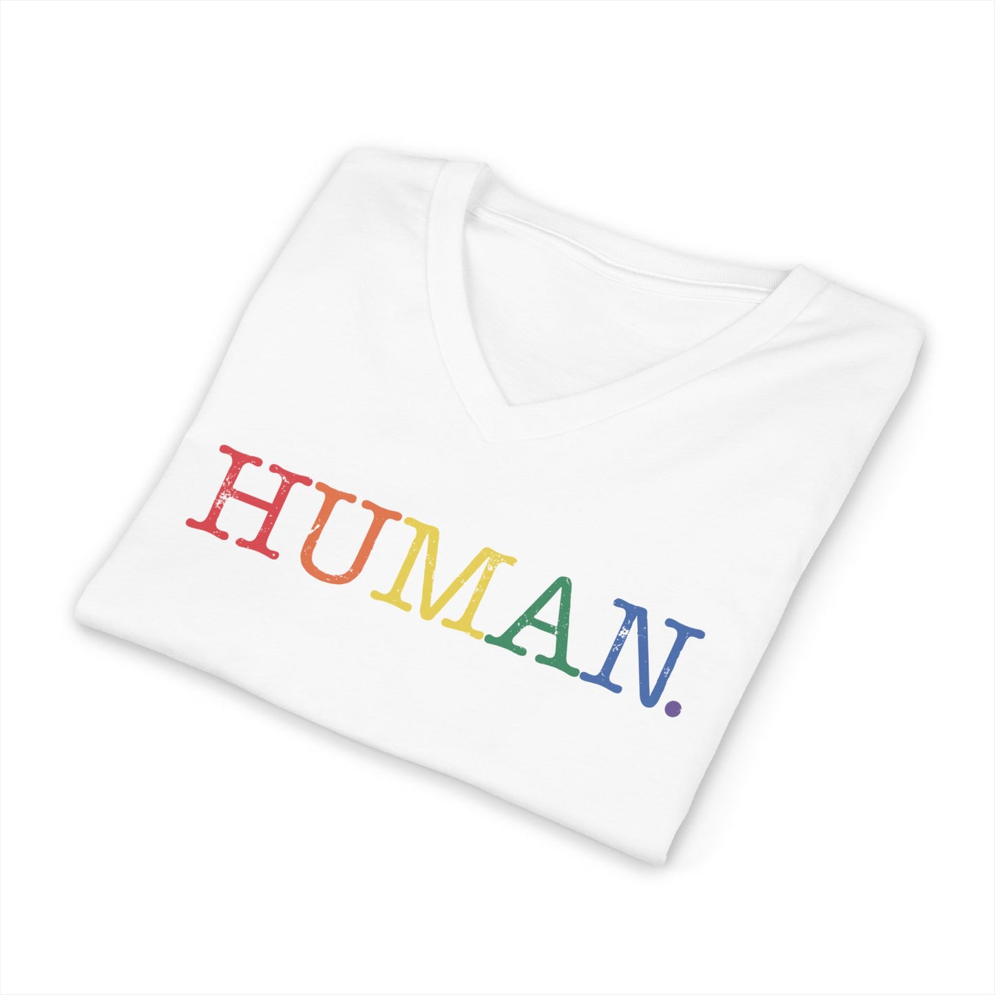 HUMAN Rainbow V-Neck T-Shirt – Unisex LGBTQ Pride Shirt – Minimalist Equality Graphic Tee – Black or White Cotton Top
