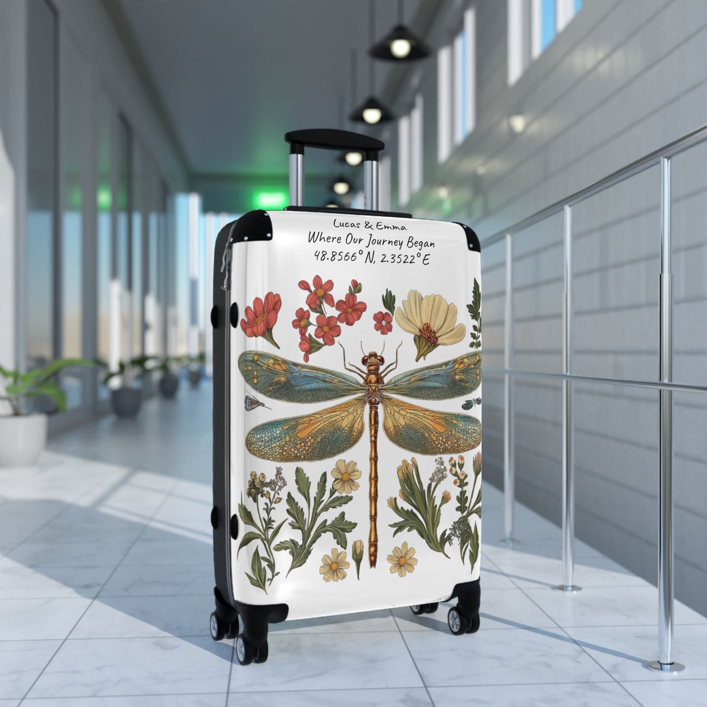 Personalised Dragonfly Suitcase Custom Botanical Luggage with Name Coordinates Travel Bag Gift for Couple Honeymoon Travel Suitcase