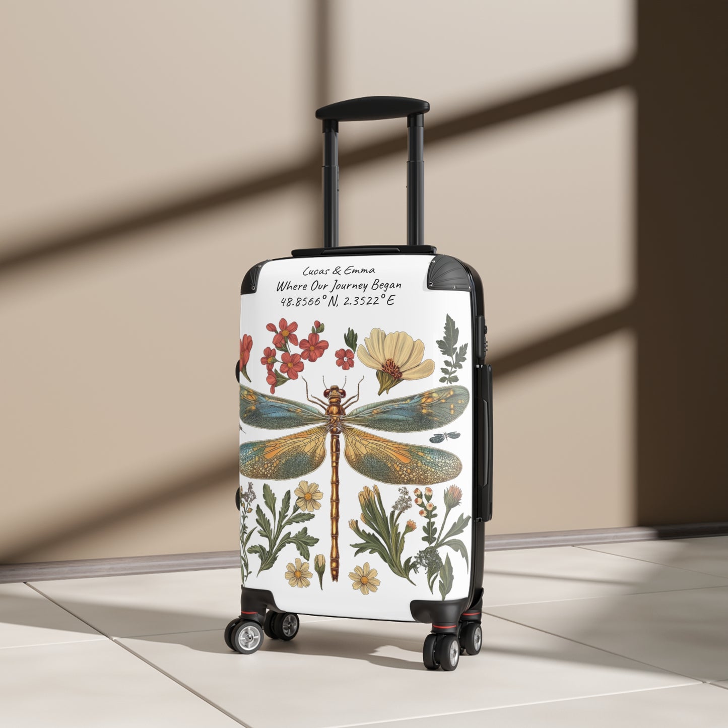 Personalised Dragonfly Suitcase Custom Botanical Luggage with Name Coordinates Travel Bag Gift for Couple Honeymoon Travel Suitcase