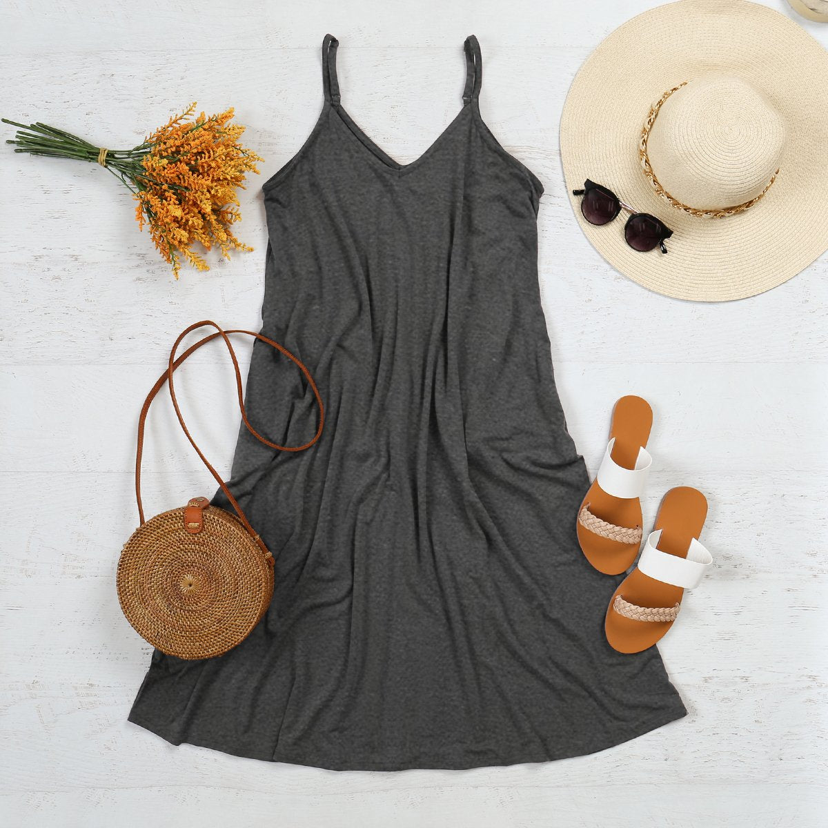 Premium V-Neck Cami Dress. Knee-Length, Relaxed Fit & On-Seam Pockets