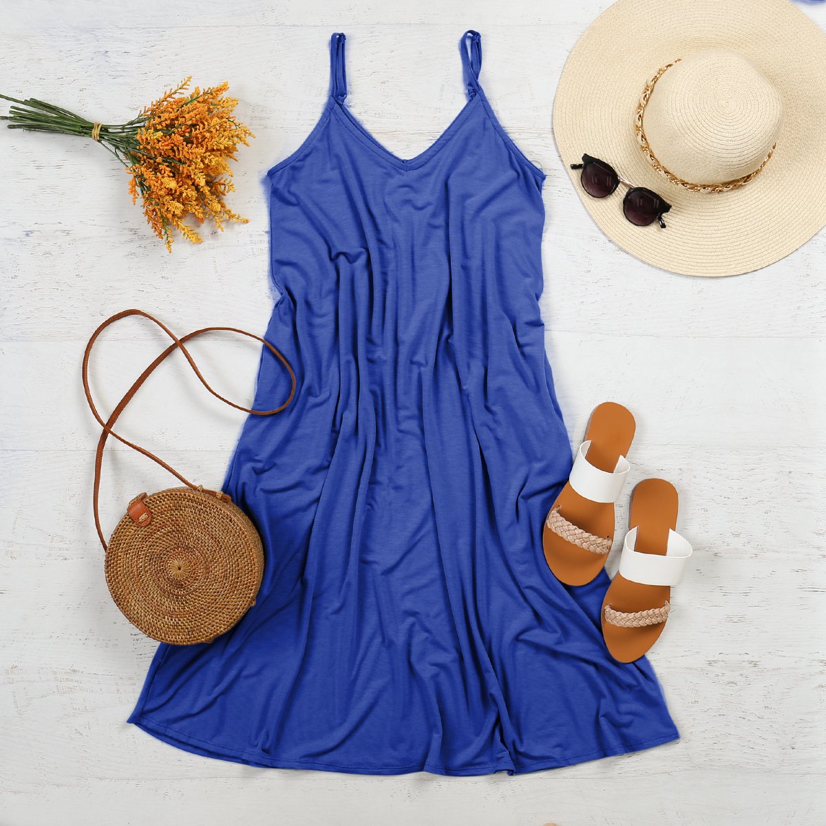 Premium V-Neck Cami Dress. Knee-Length, Relaxed Fit & On-Seam Pockets