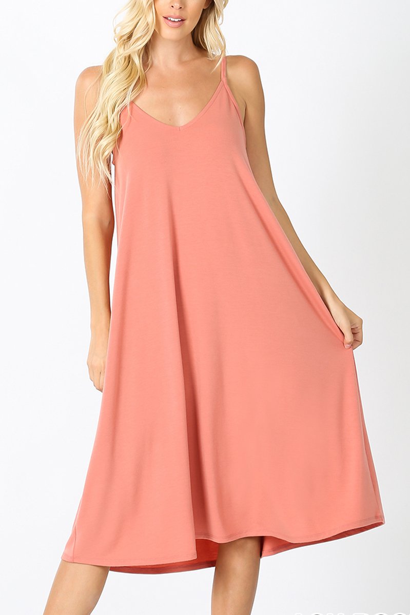 Premium V-Neck Cami Dress. Knee-Length, Relaxed Fit & On-Seam Pockets