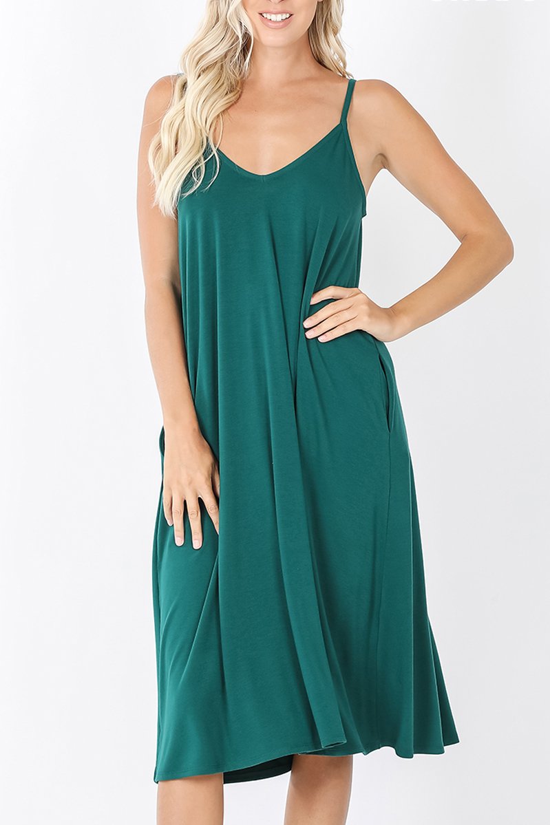 Premium V-Neck Cami Dress. Knee-Length, Relaxed Fit & On-Seam Pockets