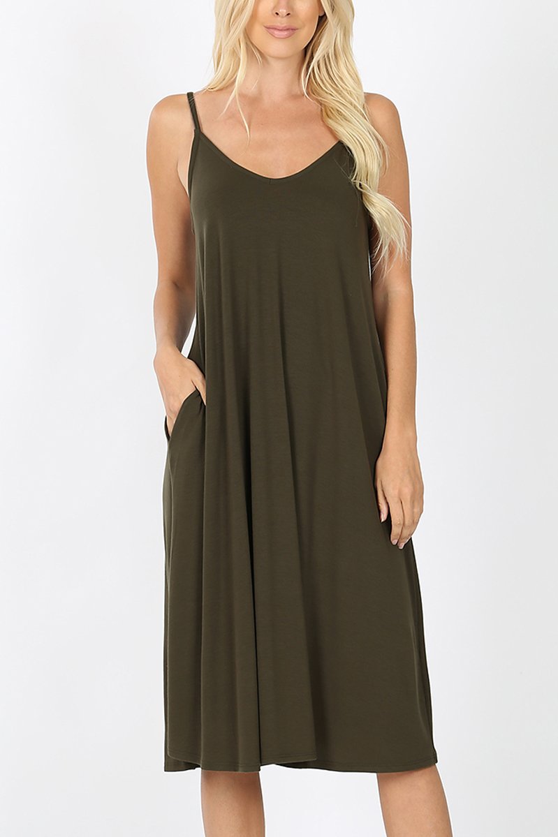 Premium V-Neck Cami Dress. Knee-Length, Relaxed Fit & On-Seam Pockets