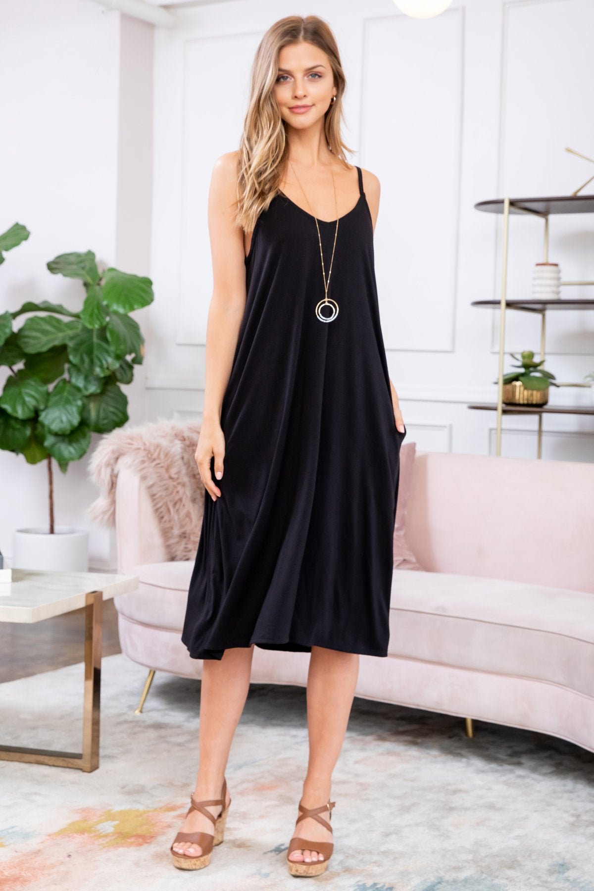 Premium V-Neck Cami Dress. Knee-Length, Relaxed Fit & On-Seam Pockets