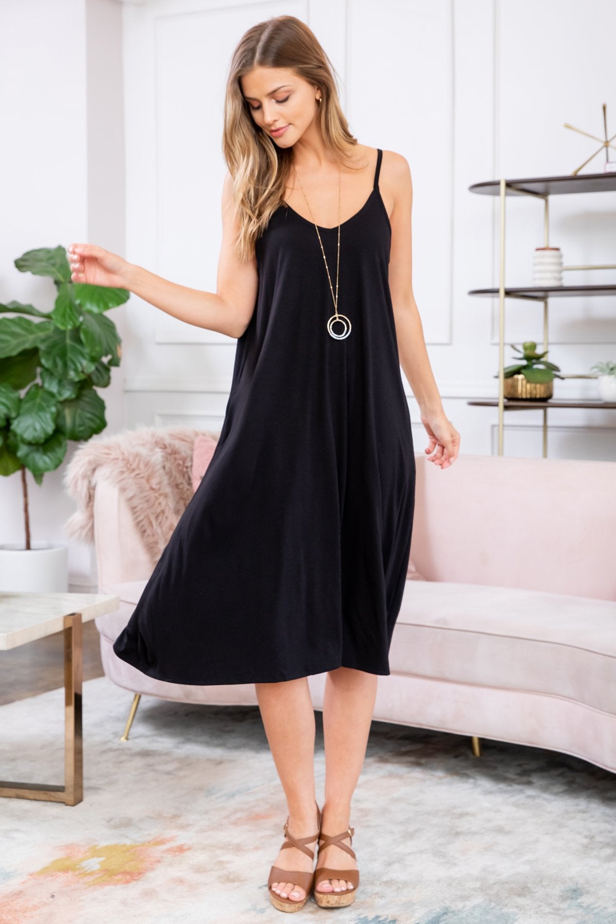 Premium V-Neck Cami Dress. Knee-Length, Relaxed Fit & On-Seam Pockets