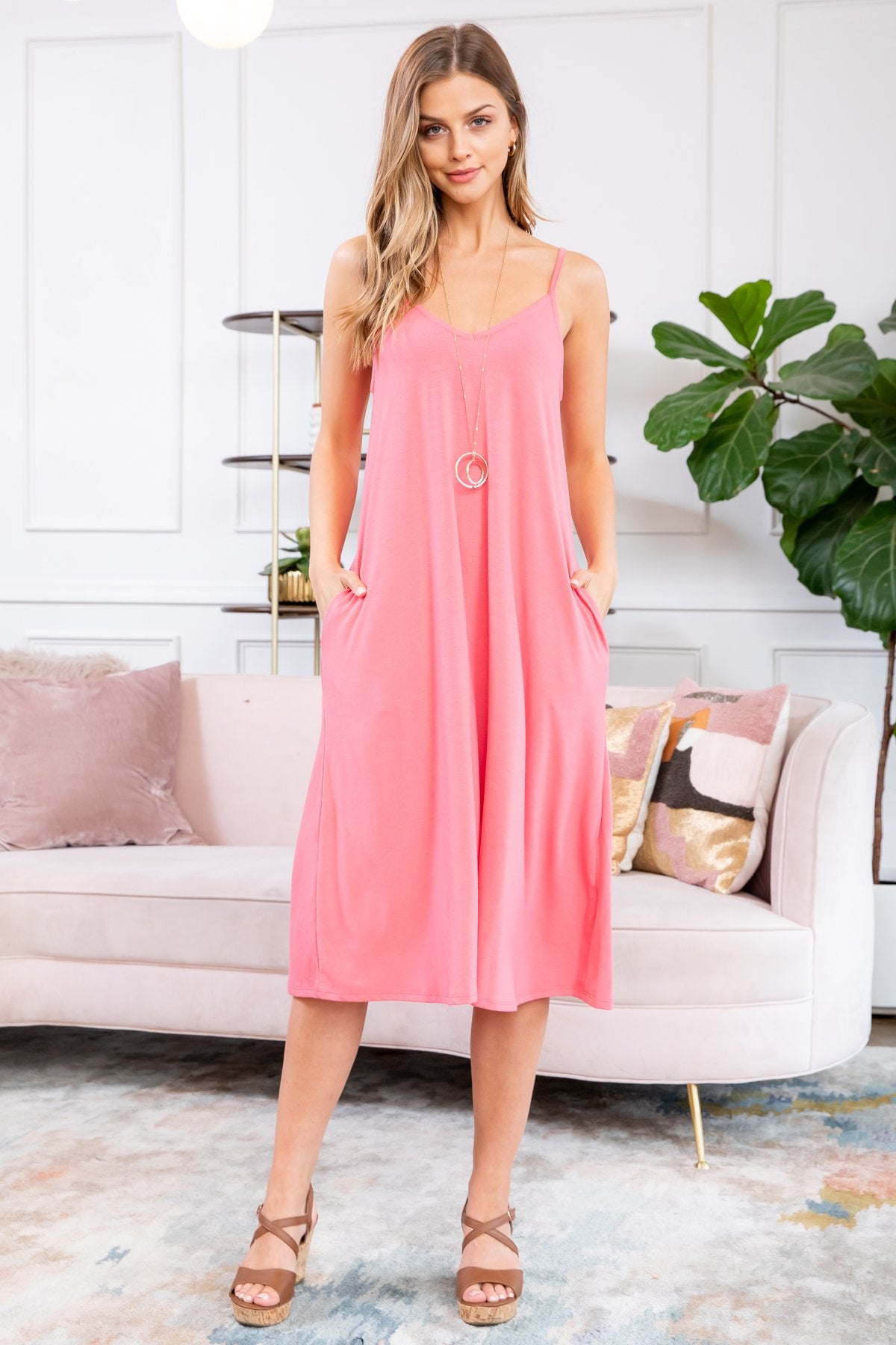 Premium V-Neck Cami Dress. Knee-Length, Relaxed Fit & On-Seam Pockets