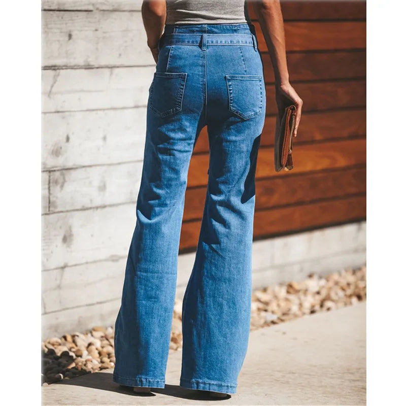 Blue High-Waist Wide Leg Jeans – Slim Flare Denim for Women | Matteobenni