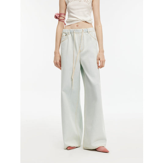 “Mint Whisper” Wide-Leg Jeans. Luxury Turkish Denim, Drawstring Waist