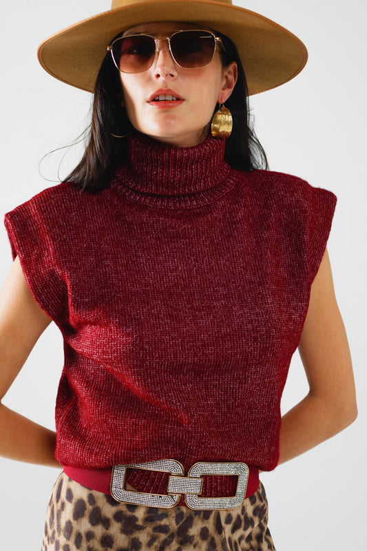 Cozy Burgundy Sleeveless Turtleneck Sweater – Soft Knit & True to Size
