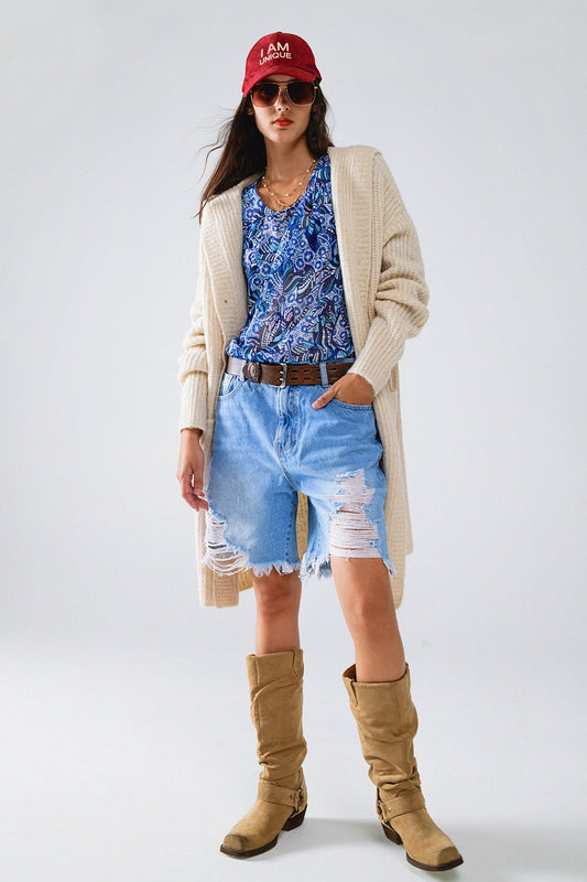 Cream Hooded Ribbed Cardigan. Long Knit, Pockets & Relaxed Boho Fit