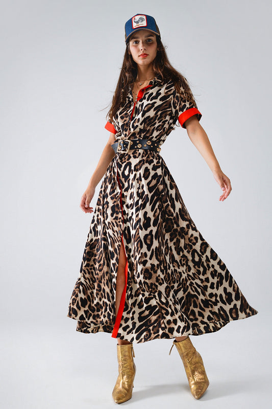 Leopard Maxi Shirt Dress. Red Contrast Details & Button-Down Elegance