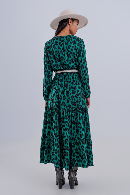 Green Animal Print Maxi Wrap Dress 🐾 Boho Style, Long Sleeves & Flow