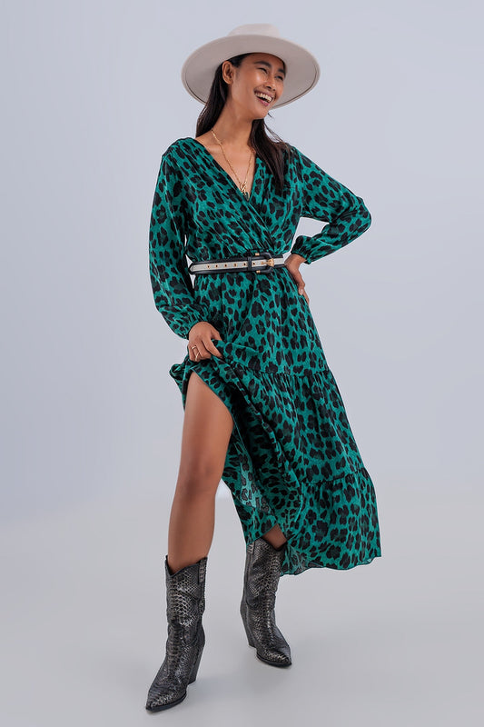 Green Animal Print Maxi Wrap Dress 🐾 Boho Style, Long Sleeves & Flow