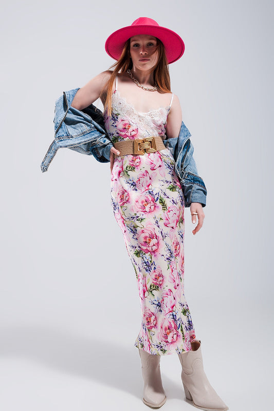 Pink Rose Satin Midi Dress. V-Back, Lace Trim & Romantic Thigh Split